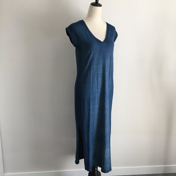 CLOTH & STONE Anthropologie Blue Very Short Cuffed Sleeve Slit Hem Maxi Dress - Picture 1 of 9